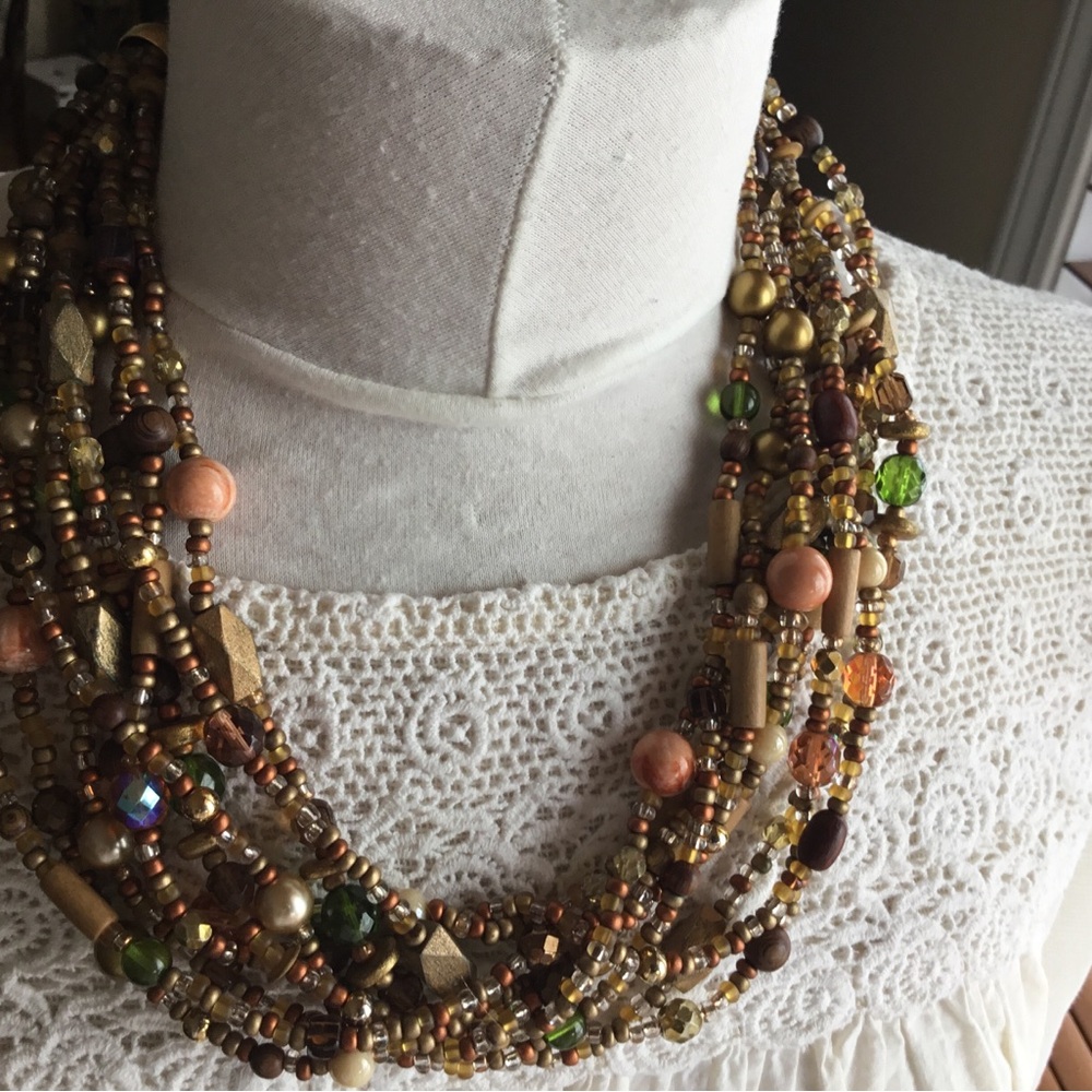 Gold and Brown Multi-Strand Necklace with Earthy Beads. Joan Rivers